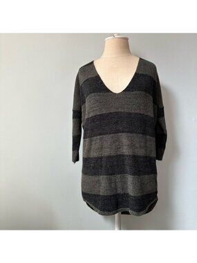 Express Thick Striped Sweater Hi Low Small Green Black V neck